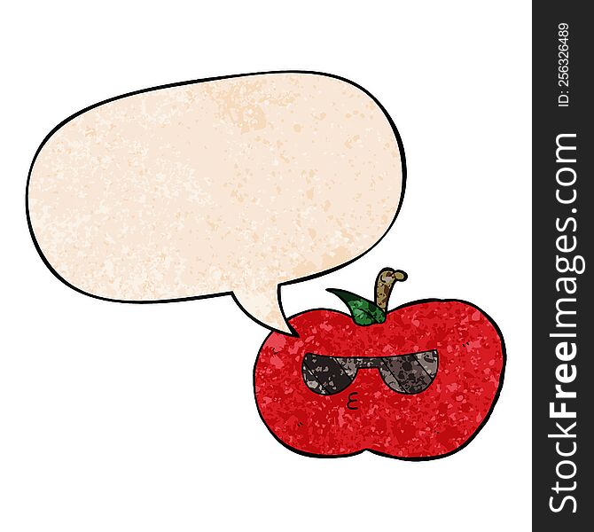 cartoon cool apple with speech bubble in retro texture style