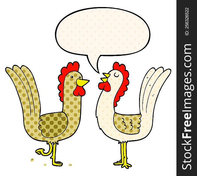 Cartoon Chickens And Speech Bubble In Comic Book Style