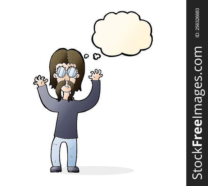 Cartoon Hippie Man Waving Arms With Thought Bubble