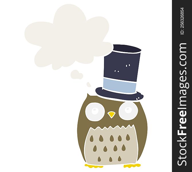 cartoon owl wearing top hat with thought bubble in retro style
