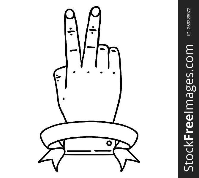 Black and White Tattoo linework Style victory v hand gesture with banner. Black and White Tattoo linework Style victory v hand gesture with banner