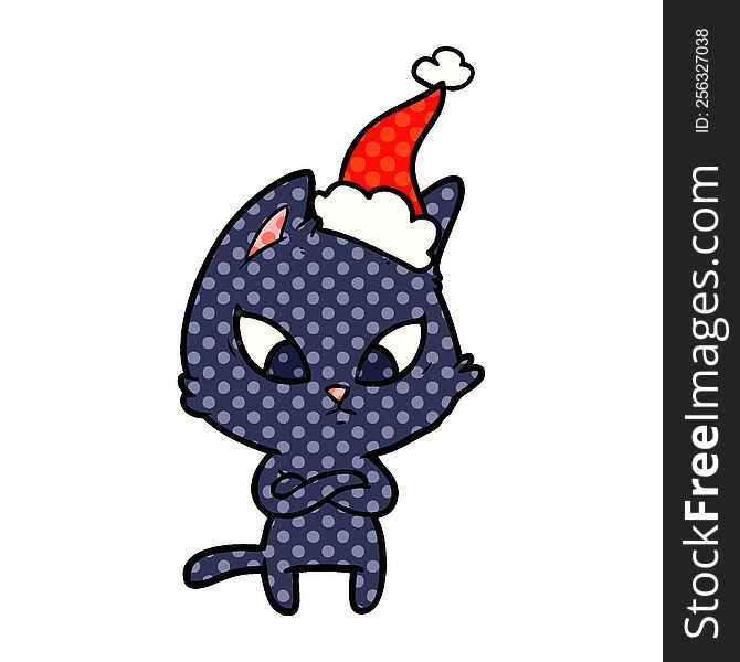 confused hand drawn comic book style illustration of a cat wearing santa hat