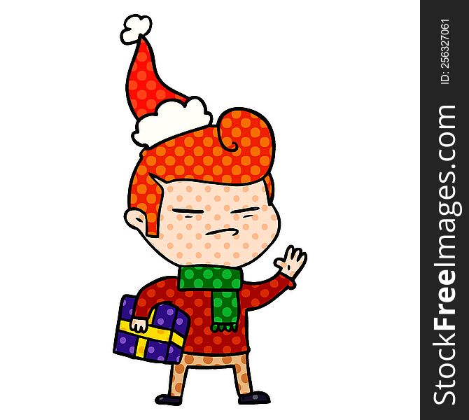 comic book style illustration of a cool guy with fashion hair cut wearing santa hat