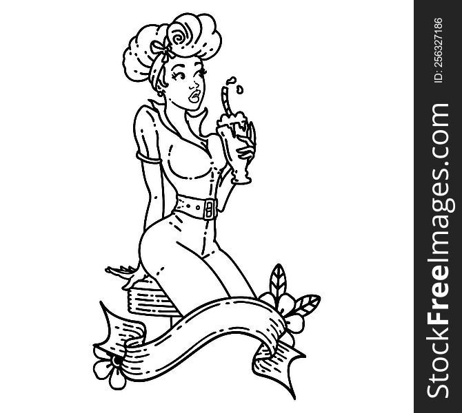 tattoo in black line style of a pinup girl drinking a milkshake with banner. tattoo in black line style of a pinup girl drinking a milkshake with banner