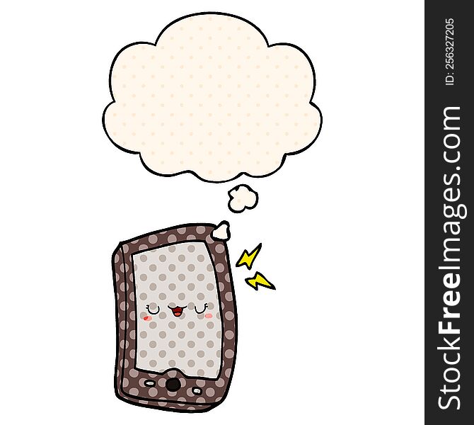 cute cartoon mobile phone with thought bubble in comic book style
