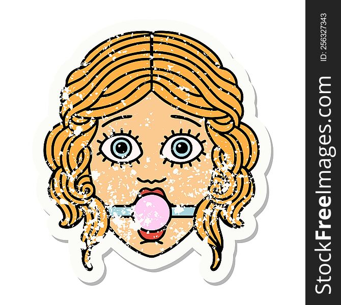 distressed sticker tattoo in traditional style of female face wearing a ball gag. distressed sticker tattoo in traditional style of female face wearing a ball gag