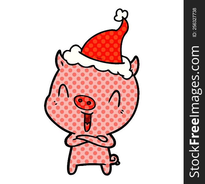 happy hand drawn comic book style illustration of a pig wearing santa hat. happy hand drawn comic book style illustration of a pig wearing santa hat