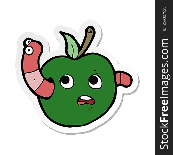 sticker of a cartooon worm in apple