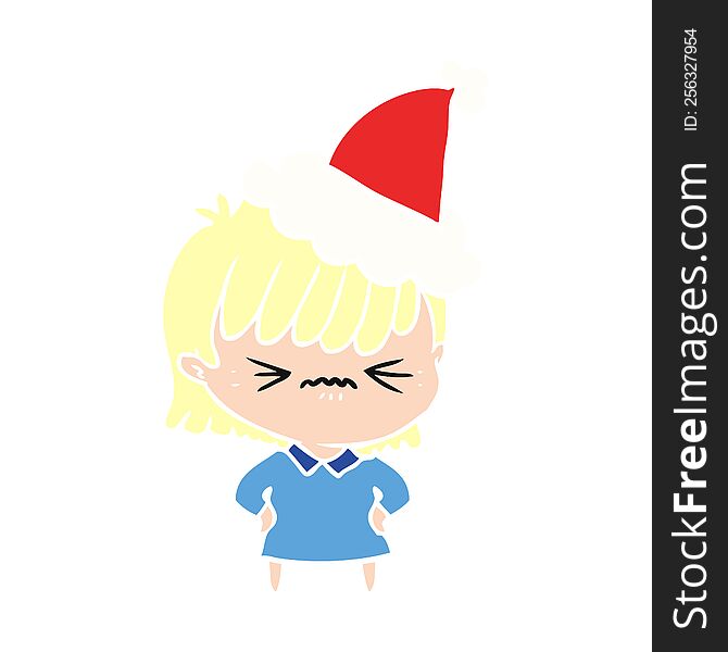 Annoyed Flat Color Illustration Of A Girl Wearing Santa Hat