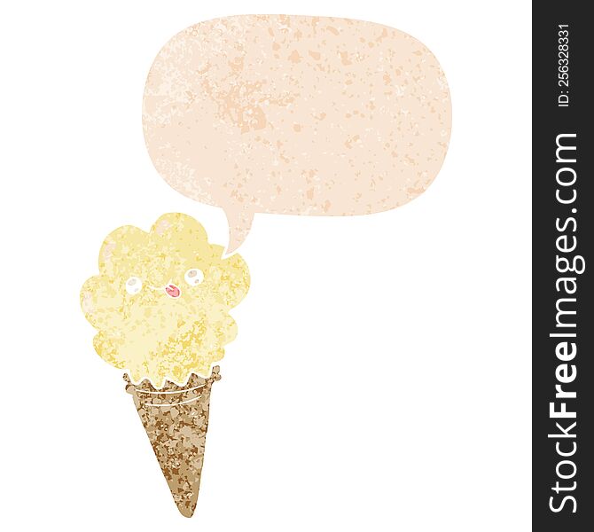 Cartoon Ice Cream And Speech Bubble In Retro Textured Style