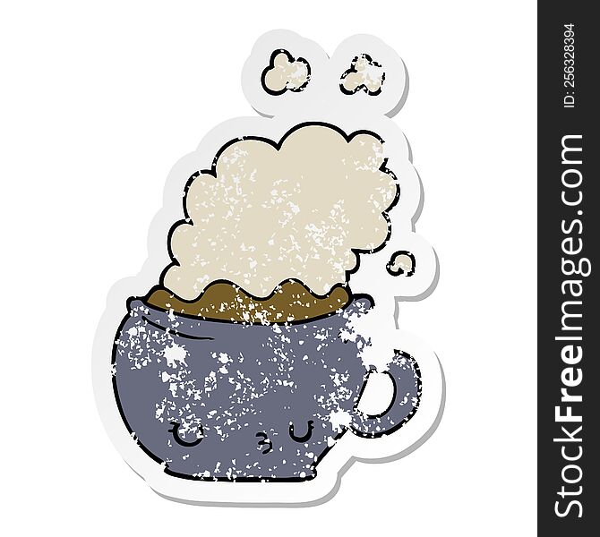 Distressed Sticker Of A Cute Cartoon Coffee Cup
