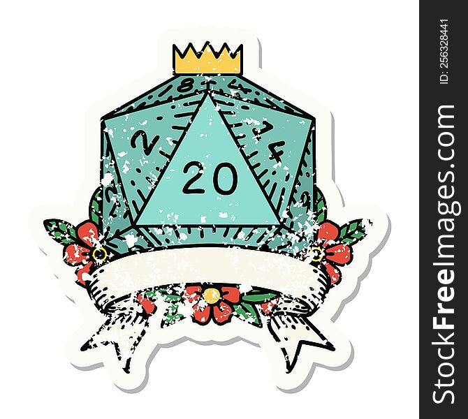 natural 20 critical hit D20 dice roll grunge sticker