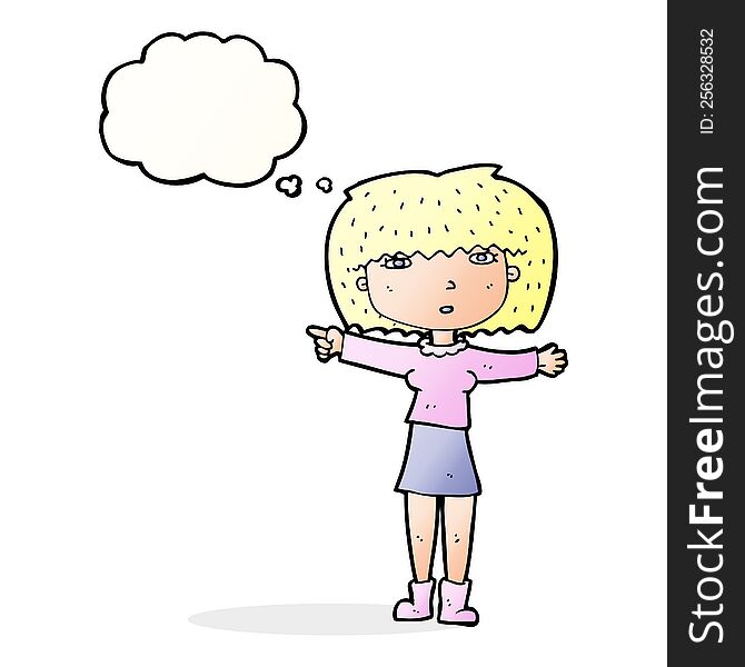 Cartoon Girl Pointing With Thought Bubble