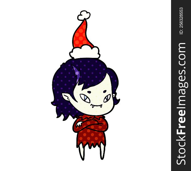 Comic Book Style Illustration Of A Friendly Vampire Girl Wearing Santa Hat
