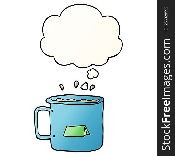 cartoon camping mug with thought bubble in smooth gradient style