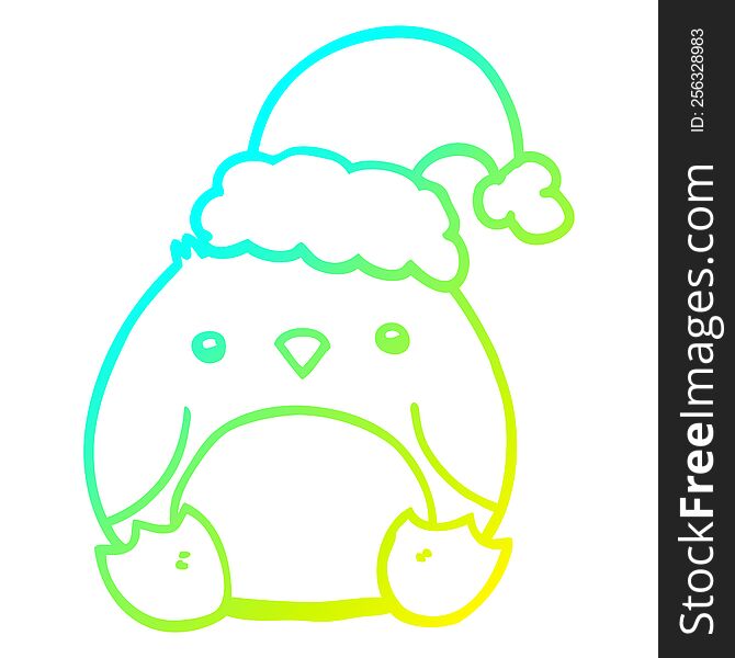 cold gradient line drawing of a cute cartoon penguin wearing christmas hat