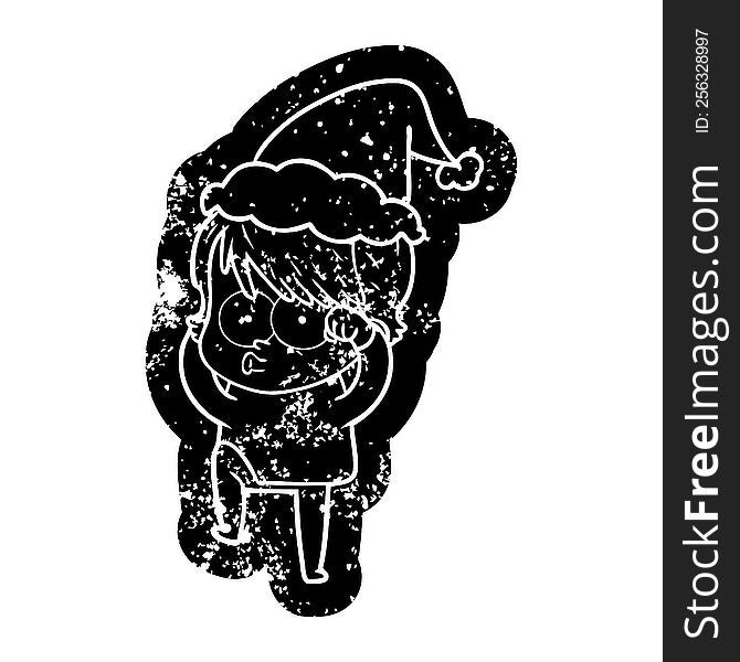 Cartoon Distressed Icon Of A Woman Wearing Santa Hat
