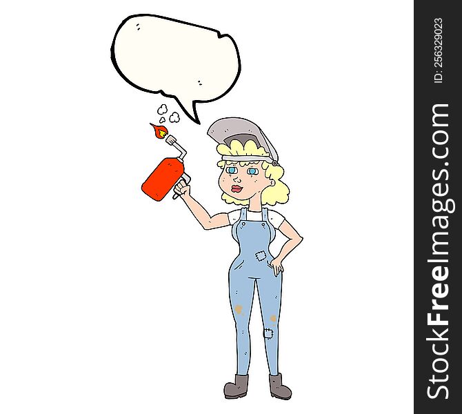 freehand drawn speech bubble cartoon woman welding