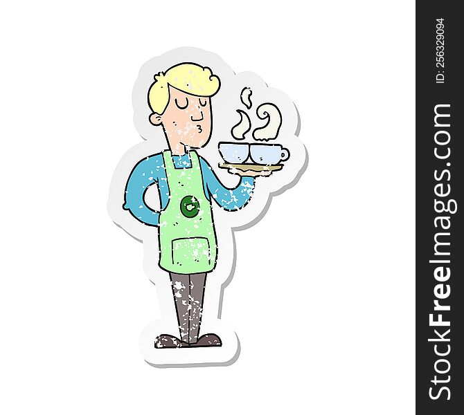 retro distressed sticker of a cartoon barista serving coffee