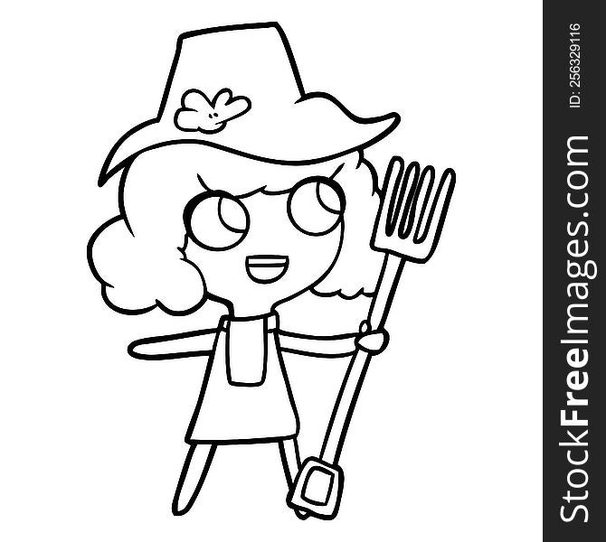 cartoon farmer girl with fork. cartoon farmer girl with fork