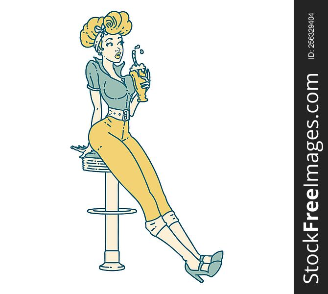 tattoo in traditional style of a pinup girl drinking a milkshake. tattoo in traditional style of a pinup girl drinking a milkshake