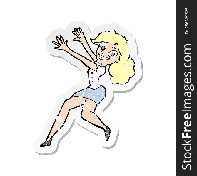 retro distressed sticker of a cartoon happy woman jumping