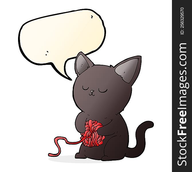 cartoon cute black cat playing with ball of yarn with speech bubble