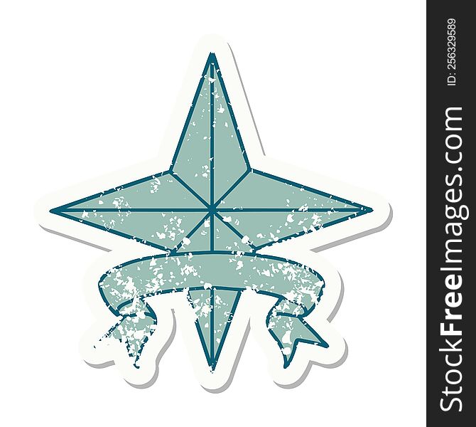worn old sticker with banner of a star. worn old sticker with banner of a star