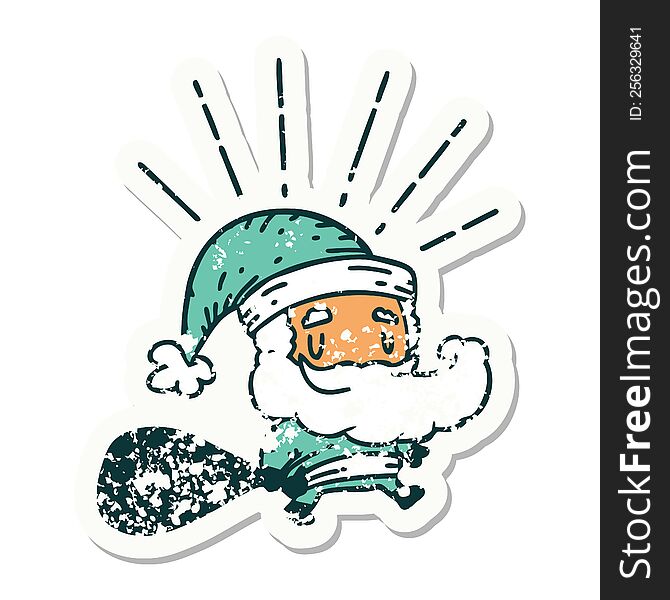 Grunge Sticker Of Tattoo Style Santa Claus Christmas Character With Sack