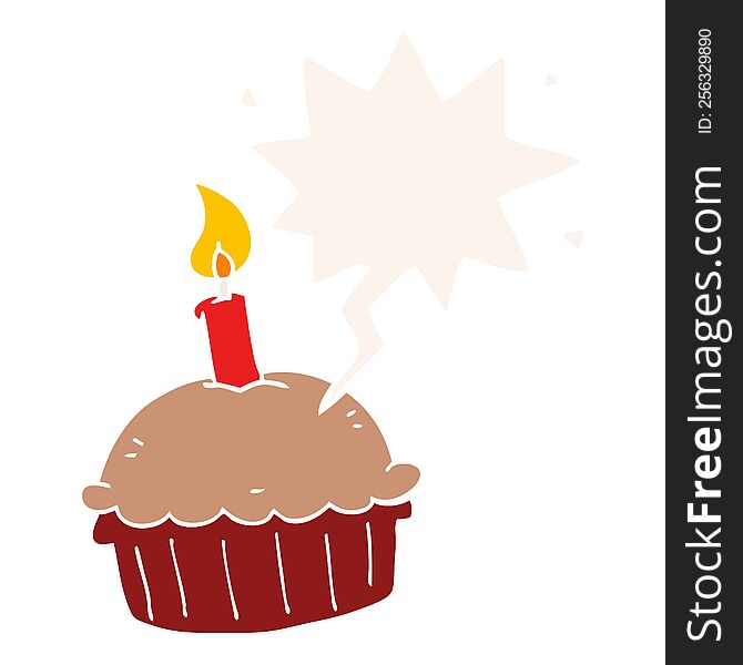 Cartoon Birthday Cupcake And Speech Bubble In Retro Style