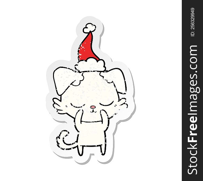 cute hand drawn distressed sticker cartoon of a dog wearing santa hat. cute hand drawn distressed sticker cartoon of a dog wearing santa hat
