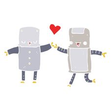 Flat Color Style Cartoon Robots In Love Royalty Free Stock Photo