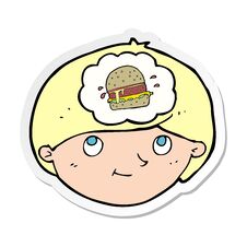 Sticker Of A Cartoon Man Thinking About Junk Food Stock Photo