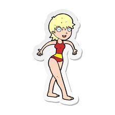 Sticker Of A Cartoon Happy Woman In Swimming Costume Stock Photo