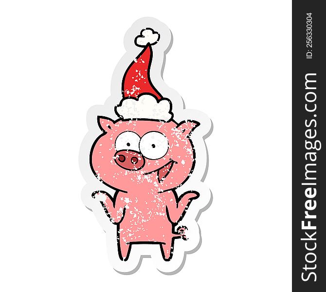 Distressed Sticker Cartoon Of A Pig With No Worries Wearing Santa Hat