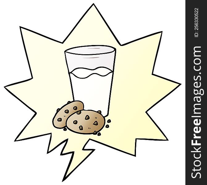 cartoon cookies and milk with speech bubble in smooth gradient style
