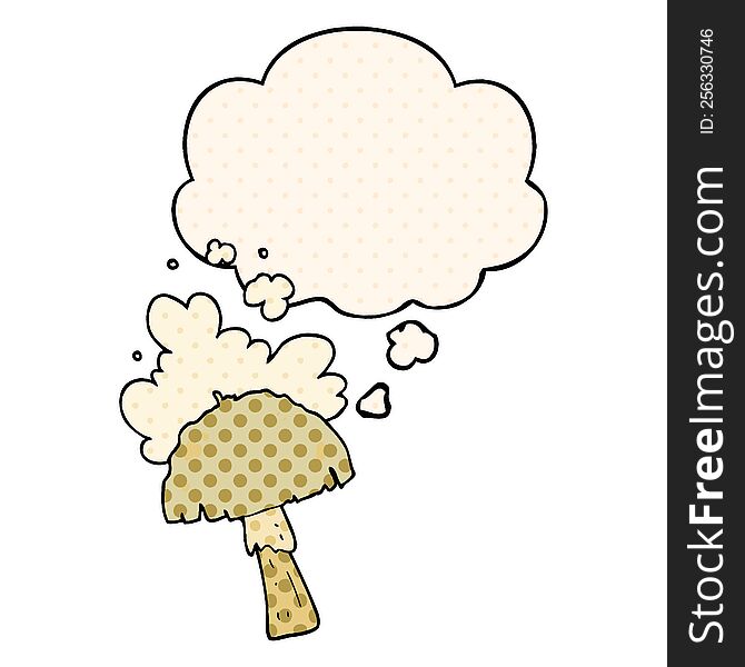 cartoon mushroom with spore cloud with thought bubble in comic book style