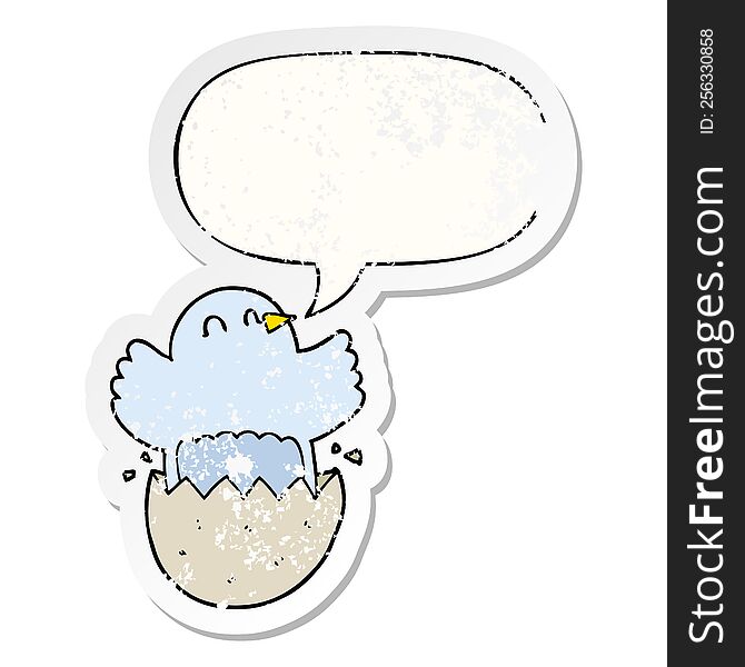 cartoon hatching chicken with speech bubble distressed distressed old sticker. cartoon hatching chicken with speech bubble distressed distressed old sticker