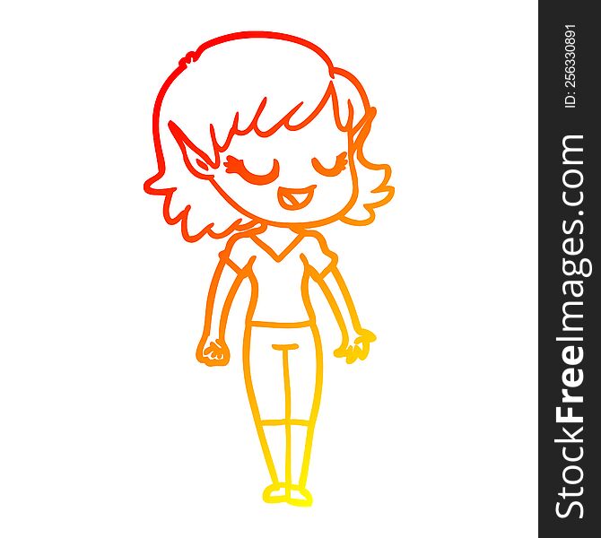 warm gradient line drawing of a happy cartoon elf girl