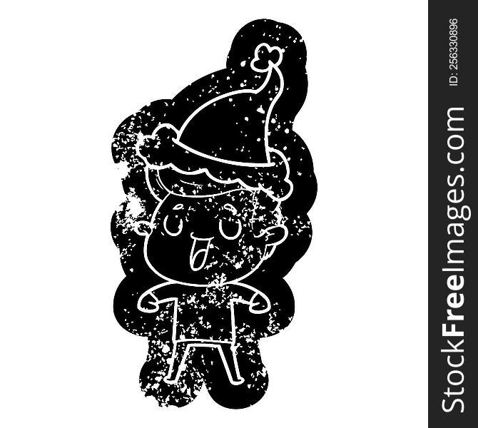 Happy Cartoon Distressed Icon Of A Man Wearing Santa Hat