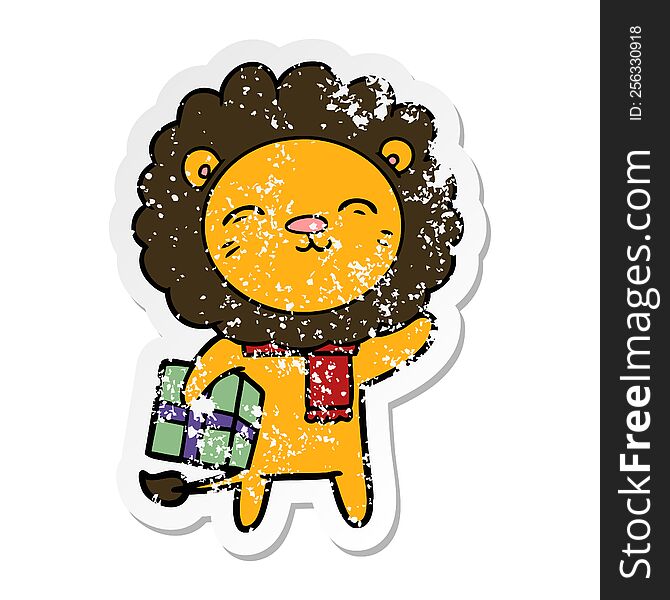 distressed sticker of a cartoon lion with christmas present