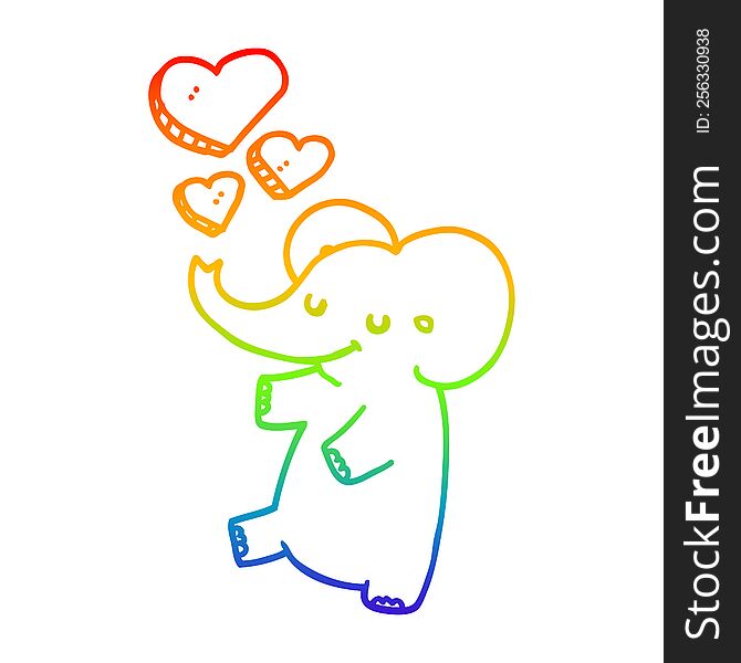 rainbow gradient line drawing of a cartoon elephant with love hearts