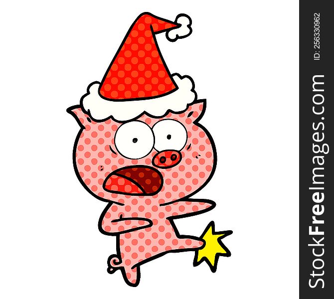hand drawn comic book style illustration of a pig shouting and kicking wearing santa hat