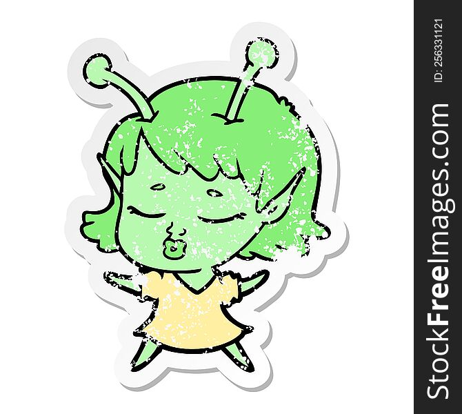 distressed sticker of a cute alien girl cartoon