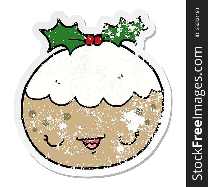 Distressed Sticker Of A Cute Cartoon Christmas Pudding