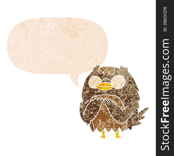 Cartoon Wise Old Owl And Speech Bubble In Retro Textured Style
