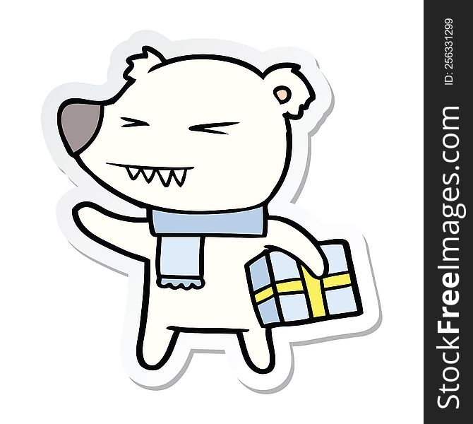sticker of a cartoon angry polar bear with xmas present