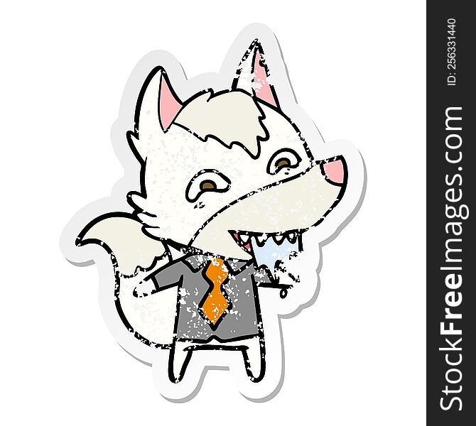 distressed sticker of a cartoon hungry wolf in office clothes