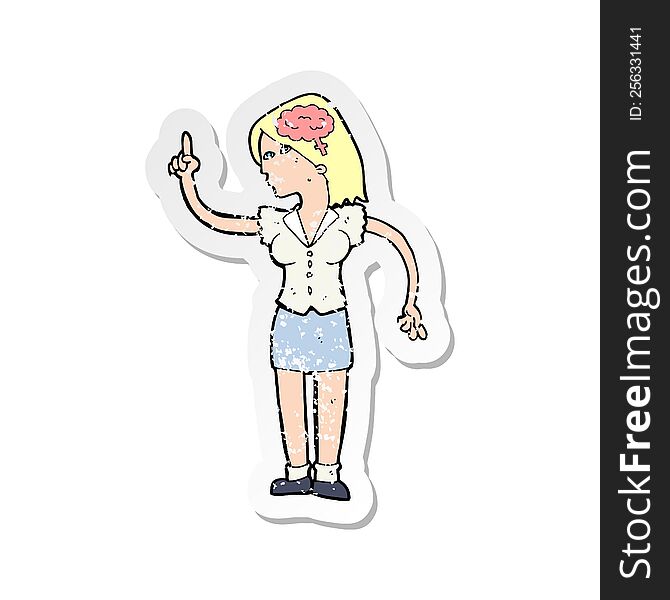 Retro Distressed Sticker Of A Cartoon Woman With Clever Idea