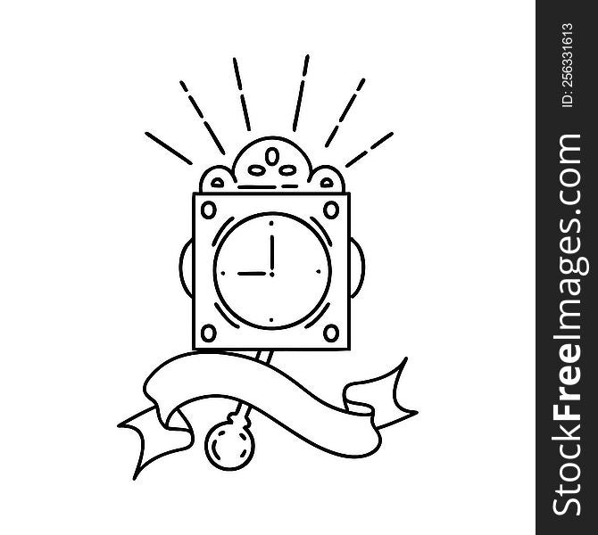 scroll banner with black line work tattoo style ticking clock